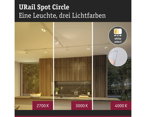 URail Spot Circle skensystem i ett kök med tre ställbara ljusfärger: 2700 Kelvin, 3000 Kelvin och 4000 Kelvin.
