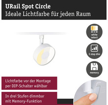 URail Spot Circle med ljusfärg som kan ställas in via DIP-brytare, 3-stegs dimring och minnesfunktion.