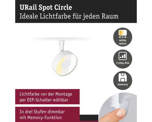 URail Spot Circle med ljusfärg som kan ställas in via DIP-brytare, 3-stegs dimring och minnesfunktion.