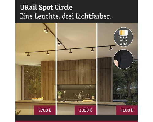 URail skensystem Spot Circle i ett kök med tre ställbara färgtemperaturer: 2700 Kelvin, 3000 Kelvin och 4000 Kelvin.