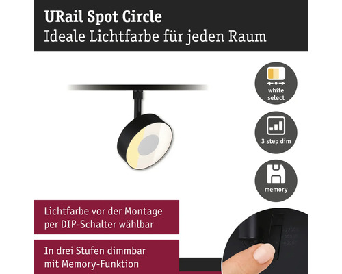 Paulmann URail Spot Circle skensystemslampa med ljusfärg justerbar via strömbrytare, trestegsdimring och minnesfunktion.