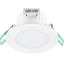Rund LED-downlight med vit ram, diffus kupa och monteringsfjädrar för takmontering.