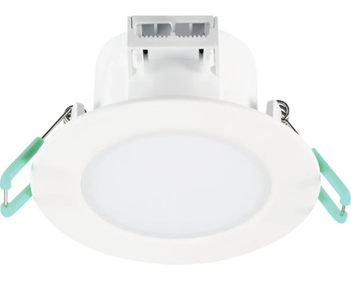 Rund LED-downlight med vit ram, diffus kupa och monteringsfjädrar för takmontering.