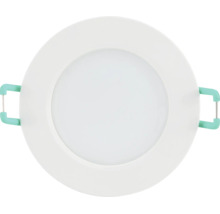 Rund LED-downlight med vit ram och diffusor samt monteringsklämmor på sidorna.