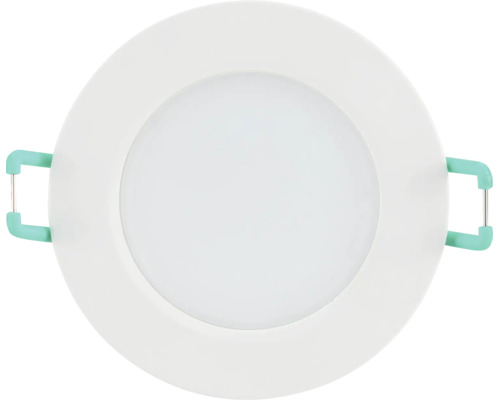 Rund LED-downlight med vit ram och diffusor samt monteringsklämmor på sidorna.