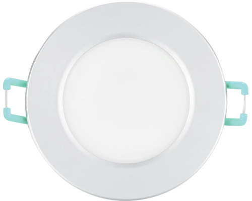 Rund LED-downlight med fästklämmor för infälld takmontering.