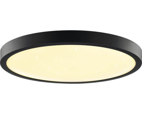 Rund LED taklampa med svart hölje och stjärnhimmeleffekt.