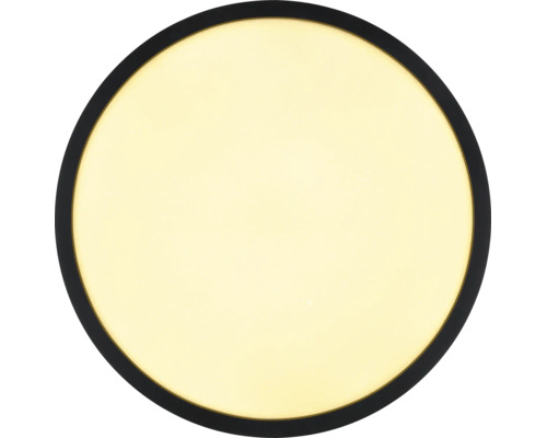 Rund LED-taklampa med svart ram.