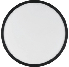 Rund LED-taklampa med svart ram och stjärnhimmeleffekt.