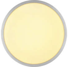 Rund LED-taklampa med silverfärgad ram och stor diffus ljusyta.