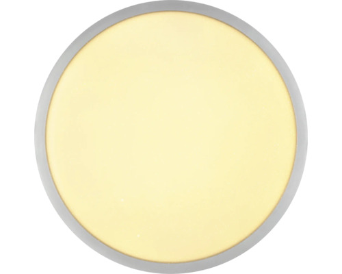 Rund LED-taklampa med silverfärgad ram och stor diffus ljusyta.