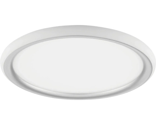 Rund, platt LED-taklampa med vit ram.