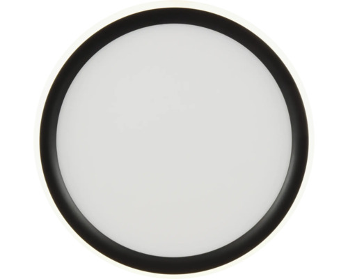 Rund LED-taklampa med svart kant och vit diffusor.