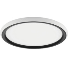 Rund, platt LED-taklampa med svart innerring och vitt hölje.