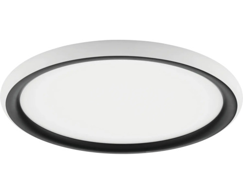 Rund, platt LED-taklampa med svart innerring och vitt hölje.