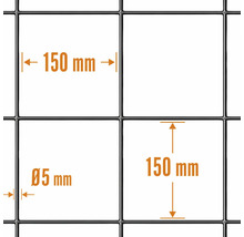 Trådnät med en maskvidd på 150 gånger 150 millimeter och en trådtjocklek på 5 millimeter.