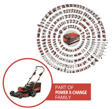 Einhell gräsklippare som en del av Power X-Change batterisystem med en mängd kompatibla elverktyg och trädgårdsredskap.