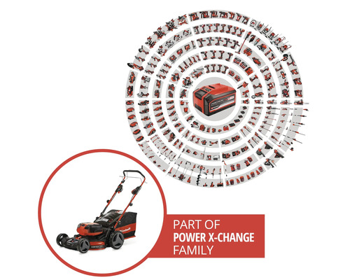 Einhell gräsklippare som en del av Power X-Change batterisystem med en mängd kompatibla elverktyg och trädgårdsredskap.