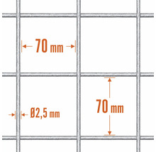 Nätpanel med en maskvidd på 70 gånger 70 millimeter och en tråddiameter på 2,5 millimeter.