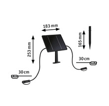 Solpanel med markspett och kablar, mått 183 millimeter bredd, 253 millimeter höjd, 165 millimeter spett, 30 centimeter kabellängd.