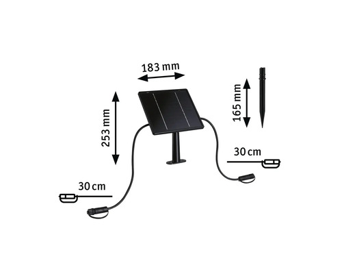 Solpanel med markspett och kablar, mått 183 millimeter bredd, 253 millimeter höjd, 165 millimeter spett, 30 centimeter kabellängd.