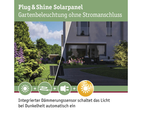 Plug & Shine solpanel för trädgårdsbelysning utan strömanslutning med integrerad skymningssensor.