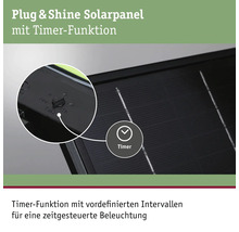 Paulmann Plug & Shine solpanel med timerfunktion med förinställda intervaller för tidsstyrd belysning.
