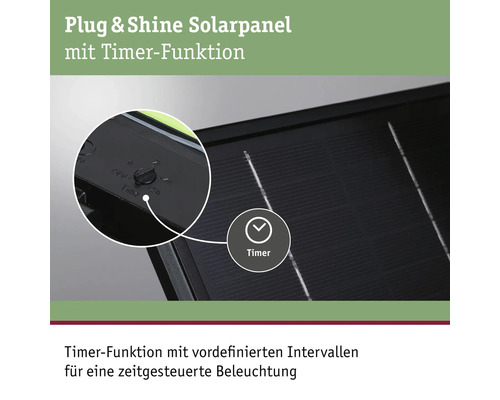 Paulmann Plug & Shine solpanel med timerfunktion med förinställda intervaller för tidsstyrd belysning.
