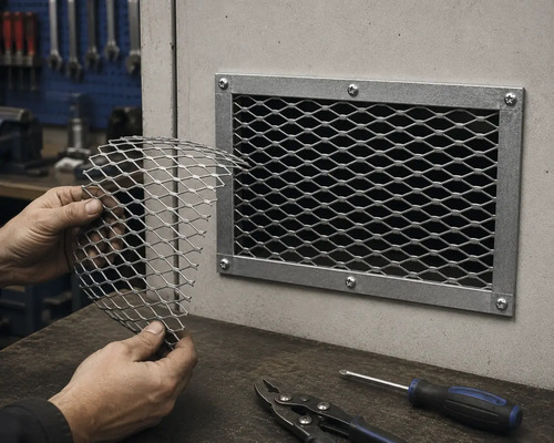 Händer som håller ett stycke sträckmetall framför ett monterat ventilationsgaller i en verkstad med plåtsax och skruvmejsel.