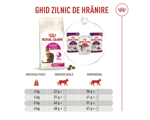 Utfodringsguide för Royal Canin Fussy Exigent kattmat med dagliga portioner baserat på kattens vikt och kroppskondition.