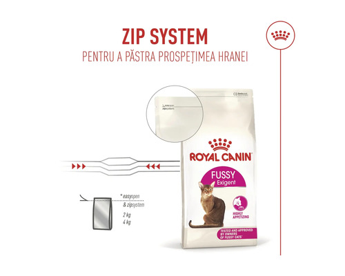 Royal Canin kattfoder Fussy Exigent med återförslutningsbart zip-system för att bevara fodrets färskhet.