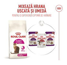 Royal Canin Logo, kombination av Fussy Exigent torrfoder och Sensory samt Instinctive våtfoder för katter.