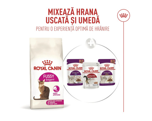 Royal Canin Logo, kombination av Fussy Exigent torrfoder och Sensory samt Instinctive våtfoder för katter.