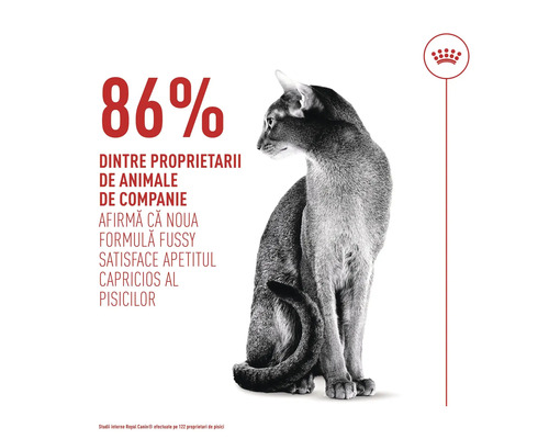 Sittande katt bredvid text: 86 procent av ägarna bekräftar att Fussy-formeln tillfredsställer kräsna katter. Royal Canin Logo.