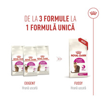 Royal Canin Logo och infografik som visar övergången från tre Exigent torrfodervarianter till en ny sammanställd Fussy Exigent formel.
