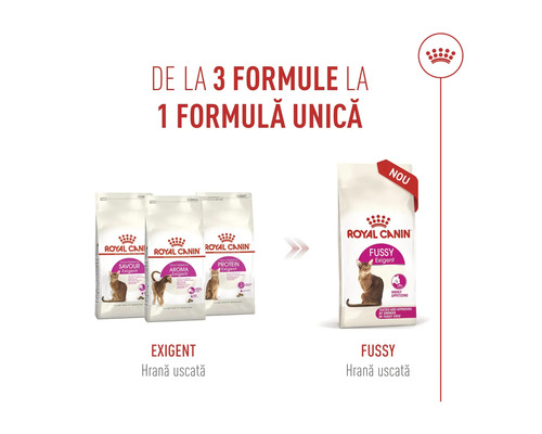 Royal Canin Logo och infografik som visar övergången från tre Exigent torrfodervarianter till en ny sammanställd Fussy Exigent formel.