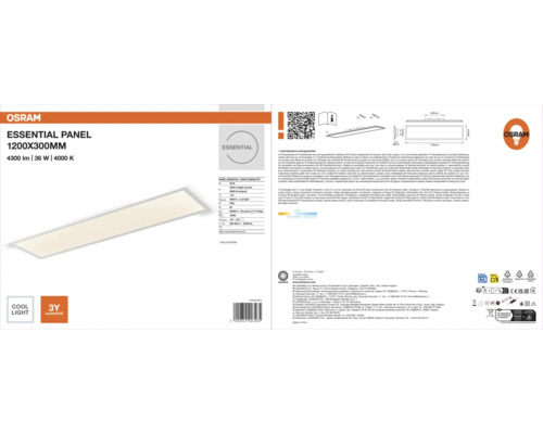 Osram LED-panel Essential, 1200 gånger 300 millimeter, 36 Watt, 4300 Lumen, 4000 Kelvin, kallvitt ljus, tre års garanti.
