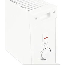 Vit konvektor med två strömbrytare för 750 Watt och 1250 Watt samt ett steglöst termostatvred.