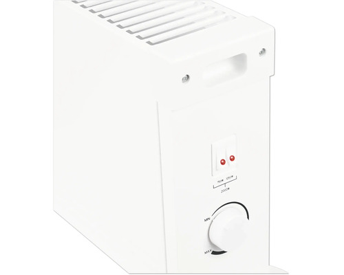 Vit konvektor med två strömbrytare för 750 Watt och 1250 Watt samt ett steglöst termostatvred.