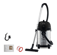 Nilfisk våt- och torrdammsugare Multi II 30 T Inox VSC med behållare i rostfritt stål, sugslang, sugrör, golvmunstycke, filterpåse och filter.