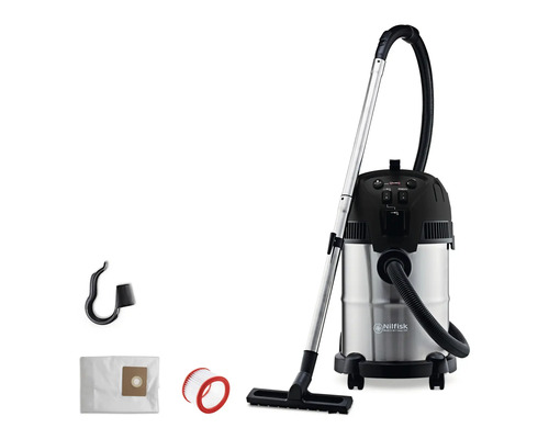 Nilfisk våt- och torrdammsugare Multi II 30 T Inox VSC med behållare i rostfritt stål, sugslang, sugrör, golvmunstycke, filterpåse och filter.