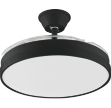 Modern takfläkt med integrerad LED-belysning, svart hölje, vit diffusor och infällbara plastblad.