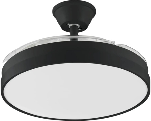Modern takfläkt med integrerad LED-belysning, svart hölje, vit diffusor och infällbara plastblad.