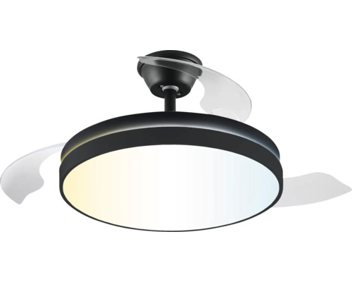 Modern takfläkt med LED-belysning, runt svart hölje och transparenta blad.