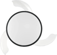 Takfläkt med rund LED-belysning och tre böjda blad, vy underifrån.