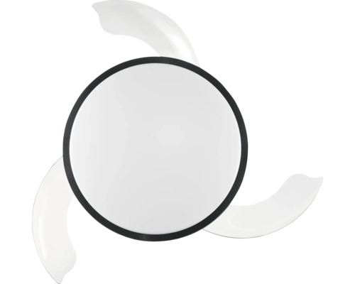 Takfläkt med rund LED-belysning och tre böjda blad, vy underifrån.