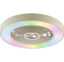 Modern rund takfläkt med integrerad RGB LED belysning och cirkulärt galler.