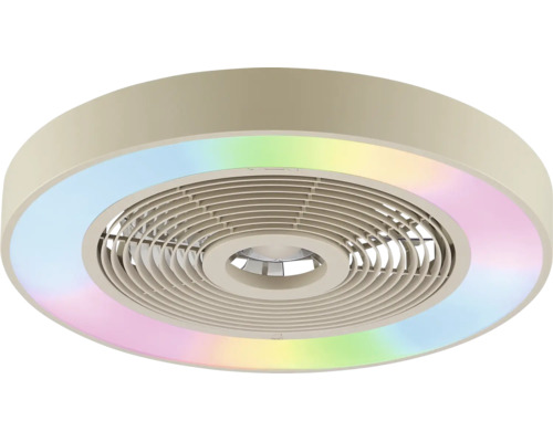 Modern rund takfläkt med integrerad RGB LED belysning och cirkulärt galler.
