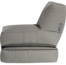 Grå saccosäck med högt ryggstöd, sidoficka och Sitting Point Logo.