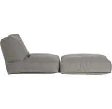 Grått sittsäcksset bestående av fåtölj och pall, modern design, stoppad.